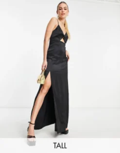 Vero Moda Tall X Victoria Waldue Satin Cut Out Cami Maxi Dress With Thigh Split In Black