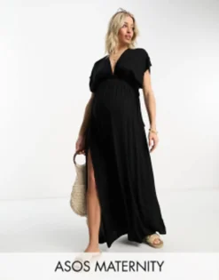 ASOS Maternity ASOS DESIGN Maternity Flutter Sleeve Maxi Beach Dress With Channelled Tie Waist In Black