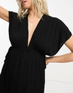 ASOS Maternity ASOS DESIGN Maternity Flutter Sleeve Maxi Beach Dress With Channelled Tie Waist In Black -RIVER ISLAND || PULL & BEAR || ONLY Sales Store 203801216 3