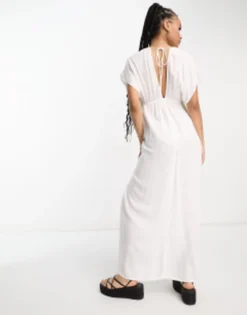 ASOS DESIGN Petite Flutter Sleeve Maxi Beach Dress With Channelled Tie Waist In White -RIVER ISLAND || PULL & BEAR || ONLY Sales Store 203801299 4