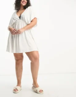 ASOS DESIGN Curve Flutter Sleeve Mini Beach Dress With Channelled Tie Waist In White