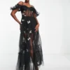 Lace & Beads Exclusive Sheer Corset 3D Print Embroidered Dress In Black