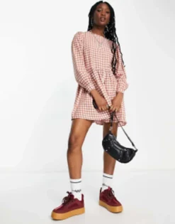 Daisy Street Mini Smock Dress In Micro Pink Brown Check