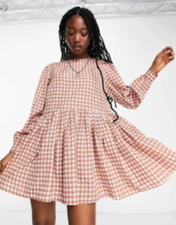 Daisy Street Mini Smock Dress In Micro Pink Brown Check -RIVER ISLAND || PULL & BEAR || ONLY Sales Store 203830840 4