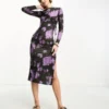 Daisy Street Long Sleeve Bodycon Maxi Dress In Purple Print