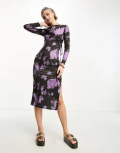 Daisy Street Long Sleeve Bodycon Maxi Dress In Purple Print