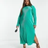 Pieces Curve Exclusive Plisse Maxi Dress With Side Split In Bright Green