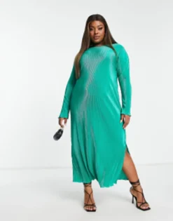 Pieces Curve Exclusive Plisse Maxi Dress With Side Split In Bright Green