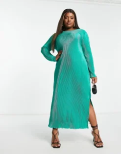 Pieces Curve Exclusive Plisse Maxi Dress With Side Split In Bright Green -RIVER ISLAND || PULL & BEAR || ONLY Sales Store 203838549 4