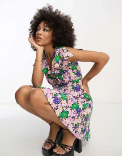 ASOS DESIGN Flutter Sleeve Mini Tea Dress With Buttons In Khaki -RIVER ISLAND || PULL & BEAR || ONLY Sales Store 203859366 1 pueplefloralprint