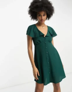 ASOS DESIGN Tall Flutter Sleeve Mini Tea Dress With Buttons In Bottle Green -RIVER ISLAND || PULL & BEAR || ONLY Sales Store 203859417 4