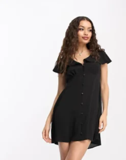 ASOS DESIGN Petite Flutter Sleeve Mini Tea Dress With Buttons In Black -RIVER ISLAND || PULL & BEAR || ONLY Sales Store 203859440 4