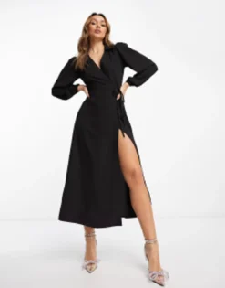 ASOS DESIGN Collared Wrap Midi Dress In Black