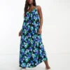 ASOS DESIGN Tie Strap Detail Trapeze Maxi Slip Dress In Blue Floral Print