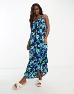 ASOS DESIGN Tie Strap Detail Trapeze Maxi Slip Dress In Blue Floral Print -RIVER ISLAND || PULL & BEAR || ONLY Sales Store 203863099 4