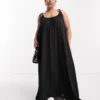 ASOS DESIGN Curve Tie Strap Detail Trapeze Maxi Slip Dress In Black
