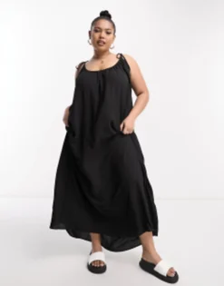 ASOS DESIGN Curve Tie Strap Detail Trapeze Maxi Slip Dress In Black -RIVER ISLAND || PULL & BEAR || ONLY Sales Store 203863824 4