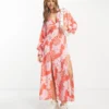 ASOS DESIGN Plunge Batwing Maxi Dress In Pink Splice Print