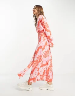 ASOS DESIGN Plunge Batwing Maxi Dress In Pink Splice Print -RIVER ISLAND || PULL & BEAR || ONLY Sales Store 203864490 4