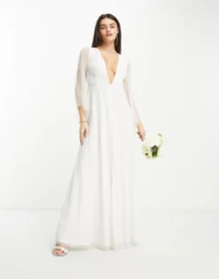 Starlet Bridal Exclusive Sheer Sleeve Embellished Maxi Dress In Ivory