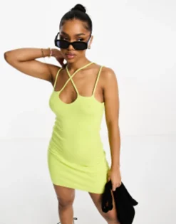ASOS DESIGN Knitted Mini Dress With Cross Over Strap In Lime