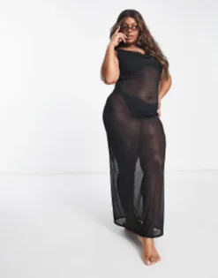 South Beach Curve Exclusive Beach Mesh Summer Maxi Dress In Black -RIVER ISLAND || PULL & BEAR || ONLY Sales Store 203907985 3