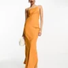 ASOS DESIGN Satin One Shoulder Maxi Dress With Cut Out Elastic Band Detail In Sunset Orange