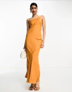 ASOS DESIGN Satin One Shoulder Maxi Dress With Cut Out Elastic Band Detail In Sunset Orange