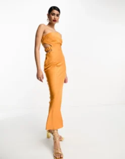 ASOS DESIGN Satin One Shoulder Maxi Dress With Cut Out Elastic Band Detail In Sunset Orange -RIVER ISLAND || PULL & BEAR || ONLY Sales Store 203910440 4