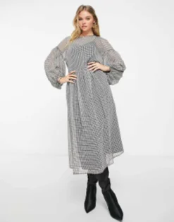 Edited Mesh Midi Smock Dress With Underlay In Tonal Grid Check