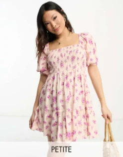 Miss Selfridge Petite Shirred Puff Sleeve Mini Dress In Animal Ditsy