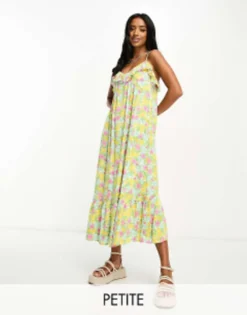 Miss Selfridge Petite Ruffle Detail Frill Hem Midi Slip Dress In Bright Cluster Floral