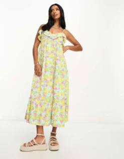 Miss Selfridge Petite Ruffle Detail Frill Hem Midi Slip Dress In Bright Cluster Floral -RIVER ISLAND || PULL & BEAR || ONLY Sales Store 203912892 3