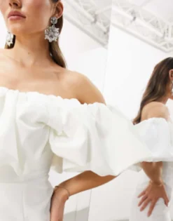 ASOS EDITION Primrose Blouson Off Shoulder Crepe Column Wedding Dress In Ivory -RIVER ISLAND || PULL & BEAR || ONLY Sales Store 203922412 3