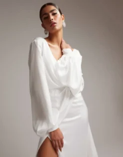 ASOS EDITION Mary Satin Wedding Dress With Drape Bow Back And Blouson Sleeve In Ivory -RIVER ISLAND || PULL & BEAR || ONLY Sales Store 203922610 3