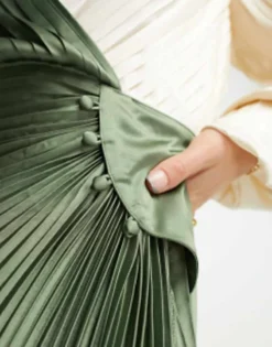 ASOS DESIGN Pleated Satin Wrap Button Detail Midi Dress In Khaki And Cream Colourblock -RIVER ISLAND || PULL & BEAR || ONLY Sales Store 203944319 3