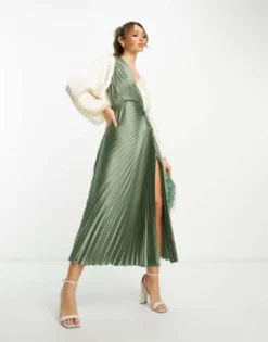 ASOS DESIGN Pleated Satin Wrap Button Detail Midi Dress In Khaki And Cream Colourblock -RIVER ISLAND || PULL & BEAR || ONLY Sales Store 203944319 4