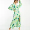 ASOS DESIGN Plunge Batwing Maxi Dress In Green Retro Floral