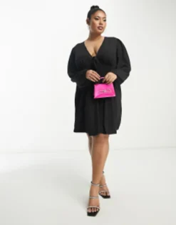 ASOS DESIGN Curve Long Sleeve Tie Front Mini Tea Dress With Godets In Black