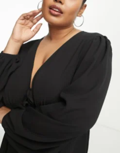 ASOS DESIGN Curve Long Sleeve Tie Front Mini Tea Dress With Godets In Black -RIVER ISLAND || PULL & BEAR || ONLY Sales Store 203957682 3