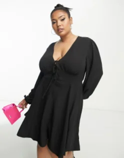 ASOS DESIGN Curve Long Sleeve Tie Front Mini Tea Dress With Godets In Black -RIVER ISLAND || PULL & BEAR || ONLY Sales Store 203957682 4