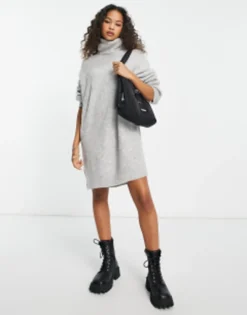 Stradivarius High Neck Knit Dress In Grey