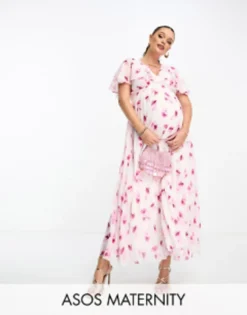 ASOS Maternity ASOS DESIGN Maternity Angel Cape Sleeve Pleated Hem Midi Dress In Floral Print