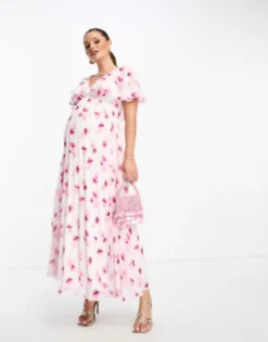 ASOS Maternity ASOS DESIGN Maternity Angel Cape Sleeve Pleated Hem Midi Dress In Floral Print -RIVER ISLAND || PULL & BEAR || ONLY Sales Store 203992198 3