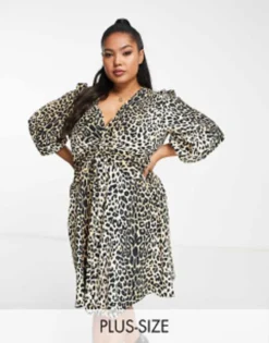 River Island Plus Animal Print Mini Tea Dress In Brown