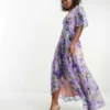 Hope & Ivy Flutter Sleeve Wrap Maxi Dress In Blue Floral