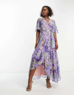 Hope & Ivy Flutter Sleeve Wrap Maxi Dress In Blue Floral -RIVER ISLAND || PULL & BEAR || ONLY Sales Store 203994159 4