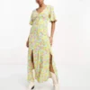 Miss Selfridge Angel Sleeve Button Through Maxi Dress In Bright Cluster Floral