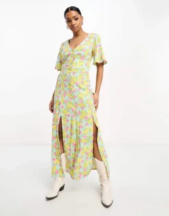 Miss Selfridge Angel Sleeve Button Through Maxi Dress In Bright Cluster Floral