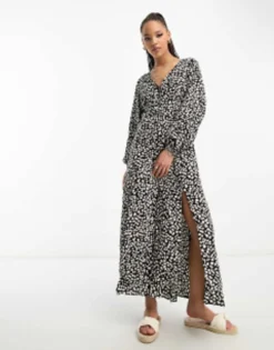 Miss Selfridge Long Sleeve Button Through Maxi Dress In Spot Print